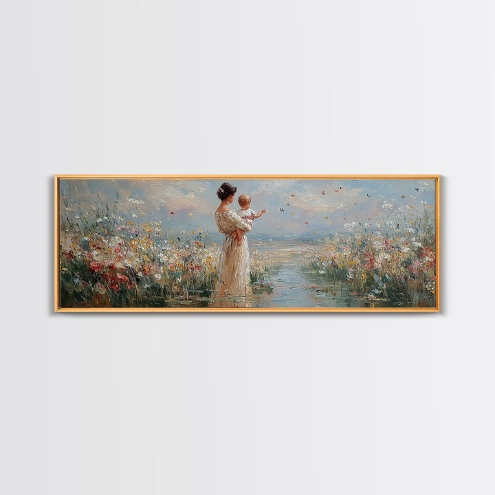 Mother Holding Baby By The Sea Wall Art, Wildflower Coastal Landscape Canvas Print, Nursery Decor, Gift For Mom, Fine Art