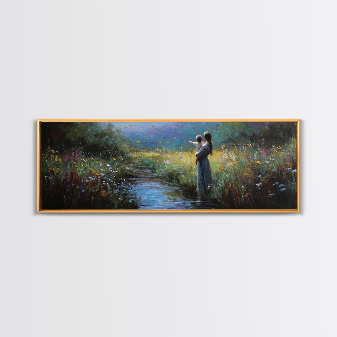 Mother And Child Beside Moonlit Stream Wall Art, Firefly Meadow Canvas Print, Spiritual Nursery Decor, Gift For Mom, Home Decor