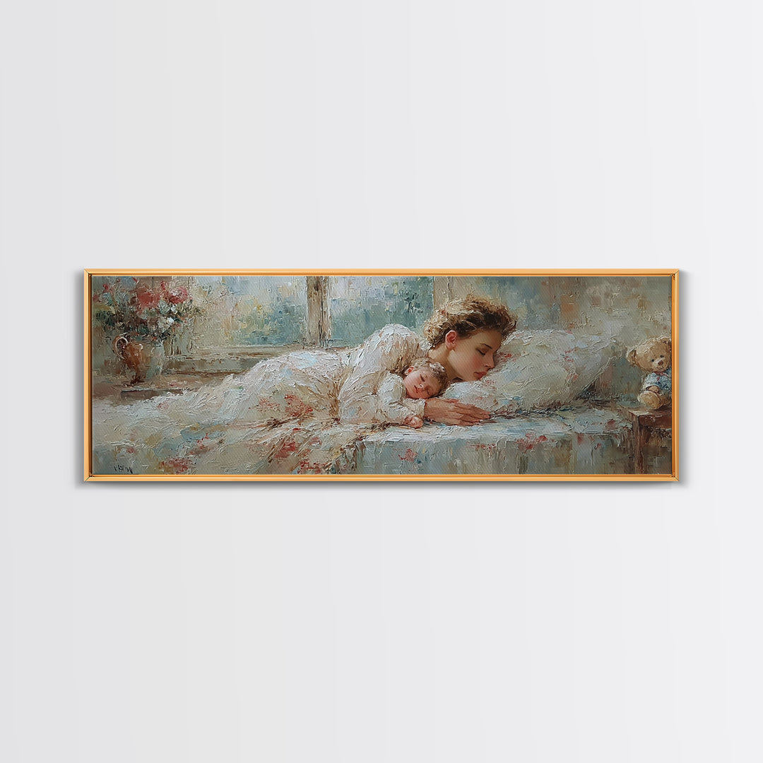 Sleeping Mother And Baby In Soft Light Wall Art, Tender Nursery Decor, Bedroom Canvas, Gift For Mom, Motherhood Art Print