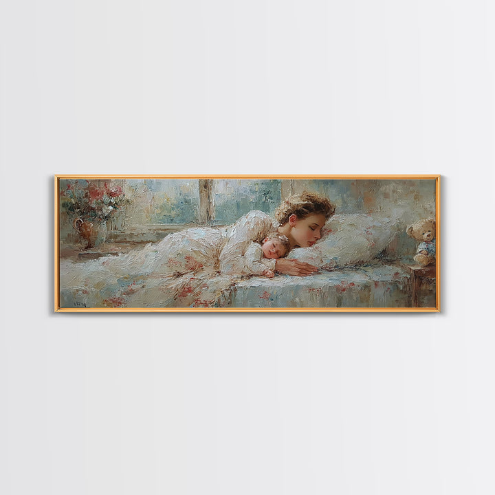 Sleeping Mother And Baby In Soft Light Wall Art, Tender Nursery Decor, Bedroom Canvas, Gift For Mom, Motherhood Art Print