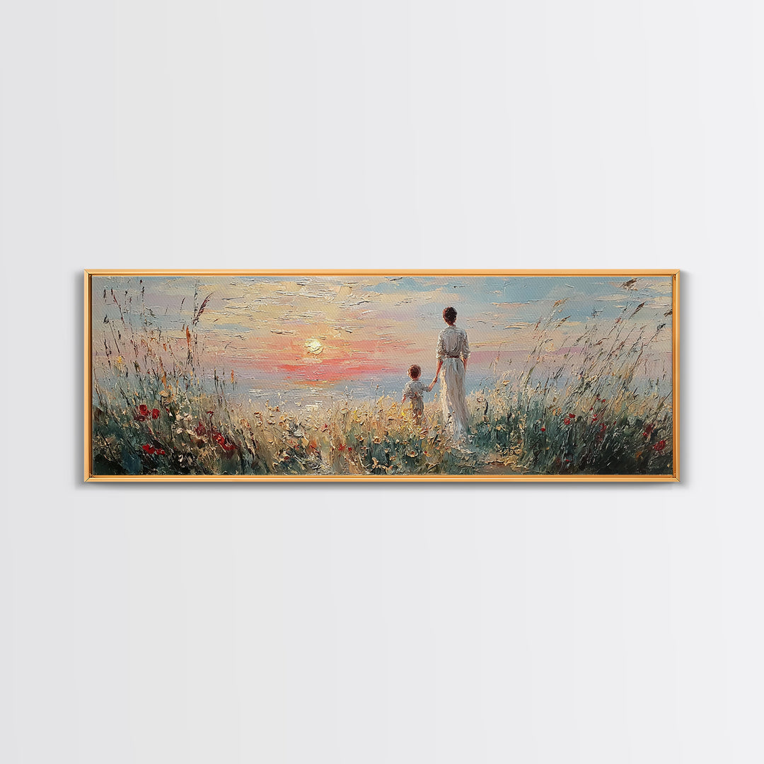 Mother And Child By Sunset Sea Canvas Print, Coastal Wall Art, Living Room Decor, Gift For Mom, Serene Beach Home Decor Prints