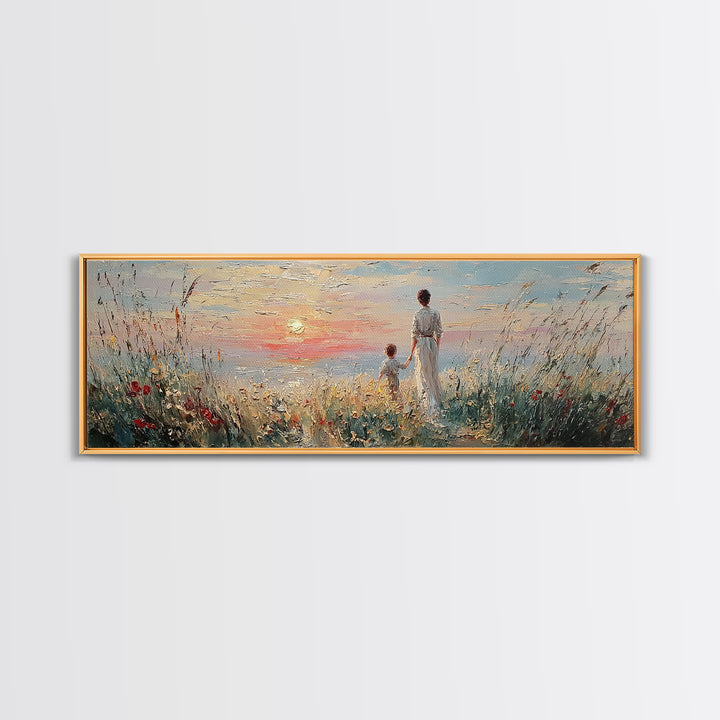 Mother And Child By Sunset Sea Canvas Print, Coastal Wall Art, Living Room Decor, Gift For Mom, Serene Beach Home Decor Prints