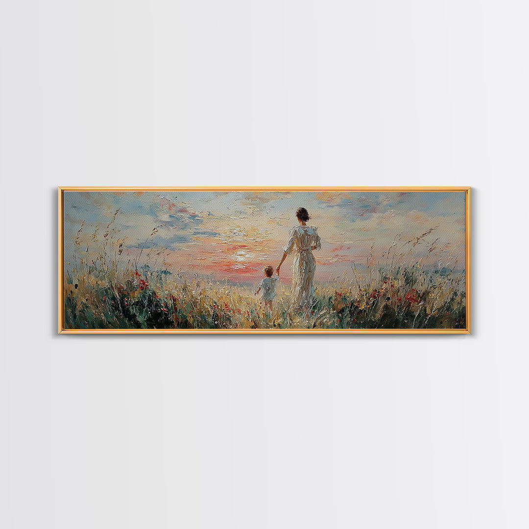 Mother And Child Walking Through Coastal Flowers Framed Canvas Print, Beach House Decor, Living Room Wall Art, Gift For Mom