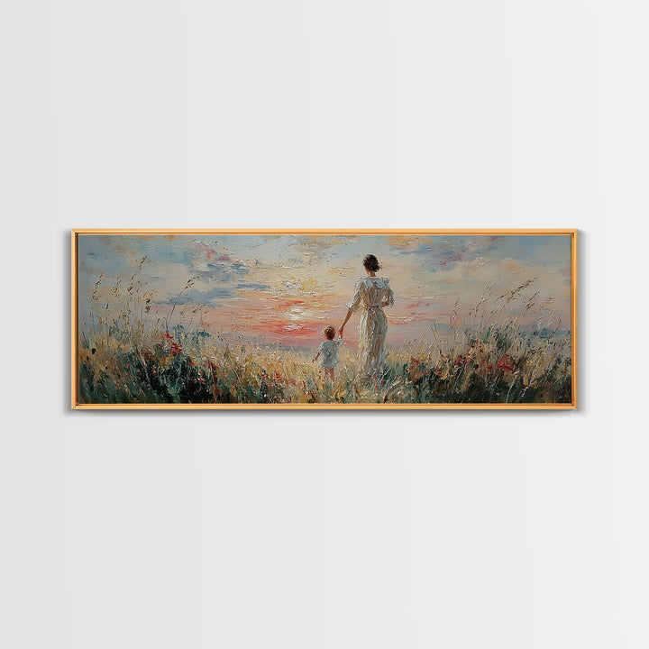Mother And Child Walking Through Coastal Flowers Framed Canvas Print, Beach House Decor, Living Room Wall Art, Gift For Mom
