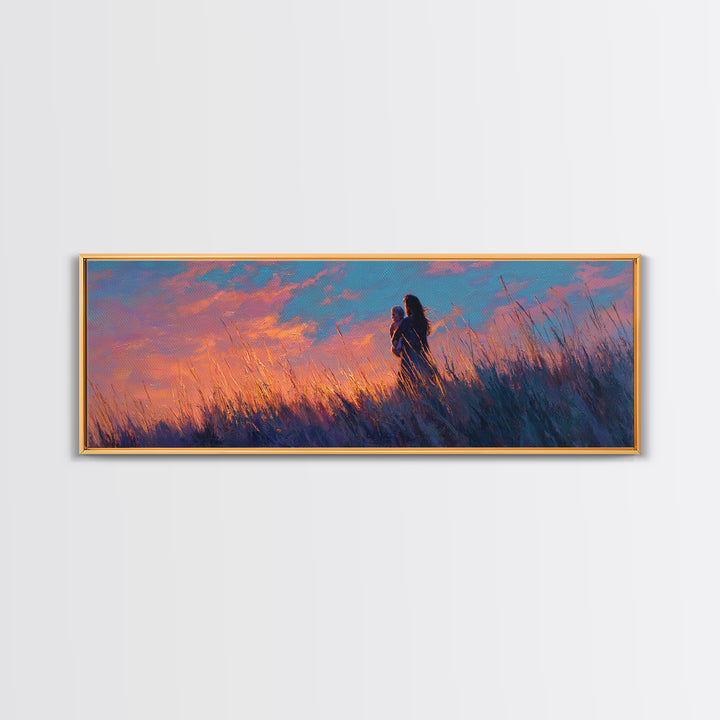 Mother Holding Baby In Purple Sunset Meadow Canvas Print, Romantic Wall Art, Moody Bedroom Decor, Gift For Her, Nursery Art