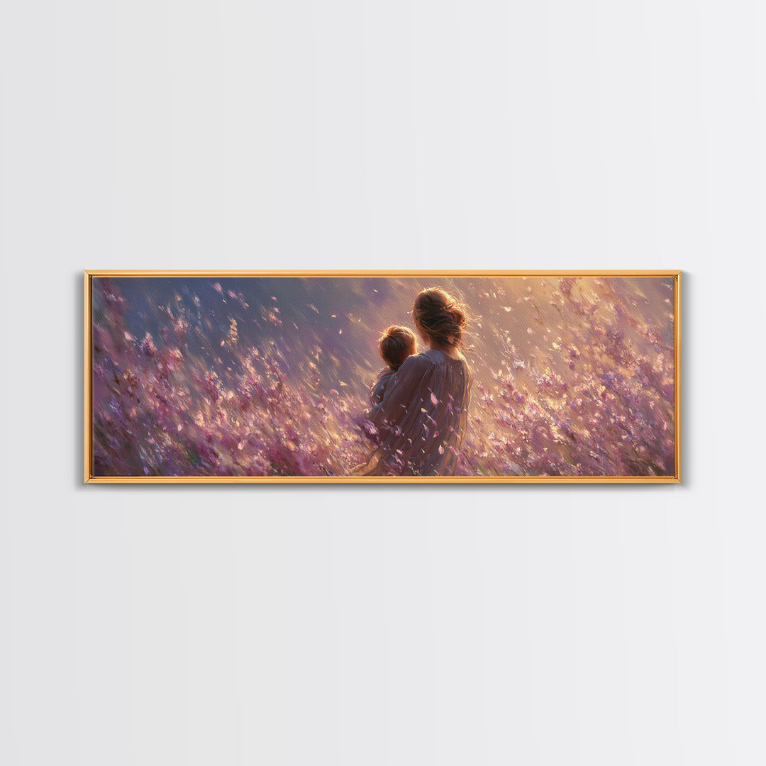 Mother Holding Child In Purple Wildflower Meadow Framed Canvas Print, Romantic Floral Wall Art, Nursery Decor, Gift For Mom