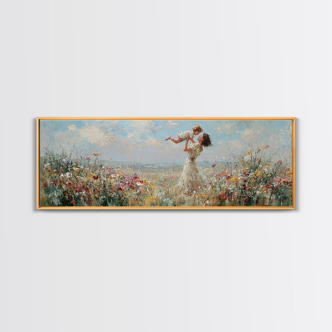 Mother Lifting Baby By Seaside Wildflowers Wall Art, Impressionist Coastal Canvas Print, Nursery Decor, Mothers Day Gift