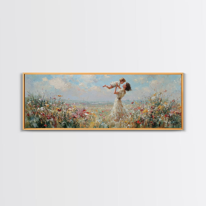 Mother Lifting Baby By Seaside Wildflowers Wall Art, Impressionist Coastal Canvas Print, Nursery Decor, Mothers Day Gift