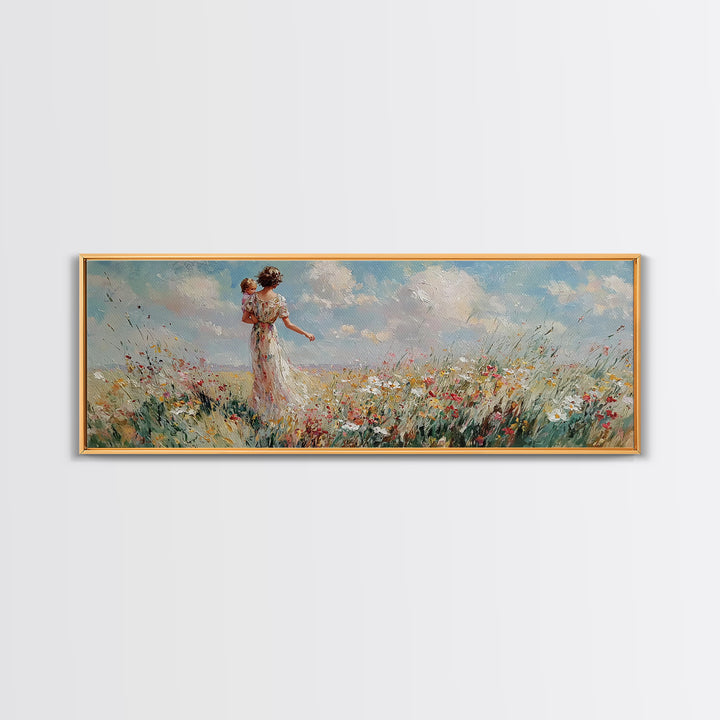 Mother Carrying Baby Through Wildflower Meadow Wall Art, Impressionist Landscape Canvas Print, Nursery Decor, Gift For Mom