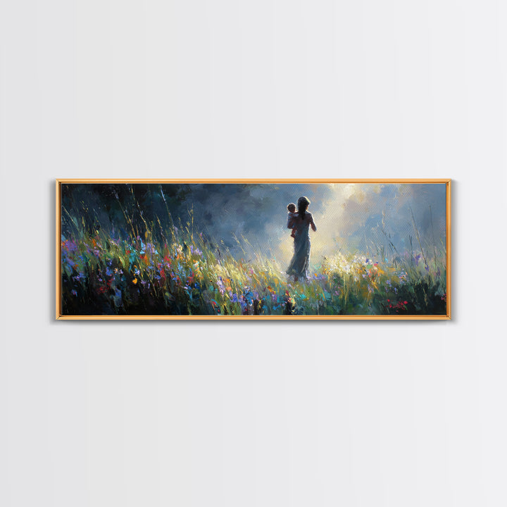 Mother And Child Silhouette In Moonlit Wildflower Meadow Canvas Print, Moody Wall Art, Nursery Decor, Gift For Mom Home Decor
