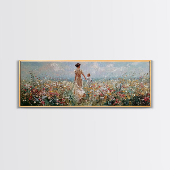 Mother And Child Holding Hands In Coastal Wildflower Meadow Wall Art, Impressionist Canvas Print, Nursery Decor, Gift For Mom