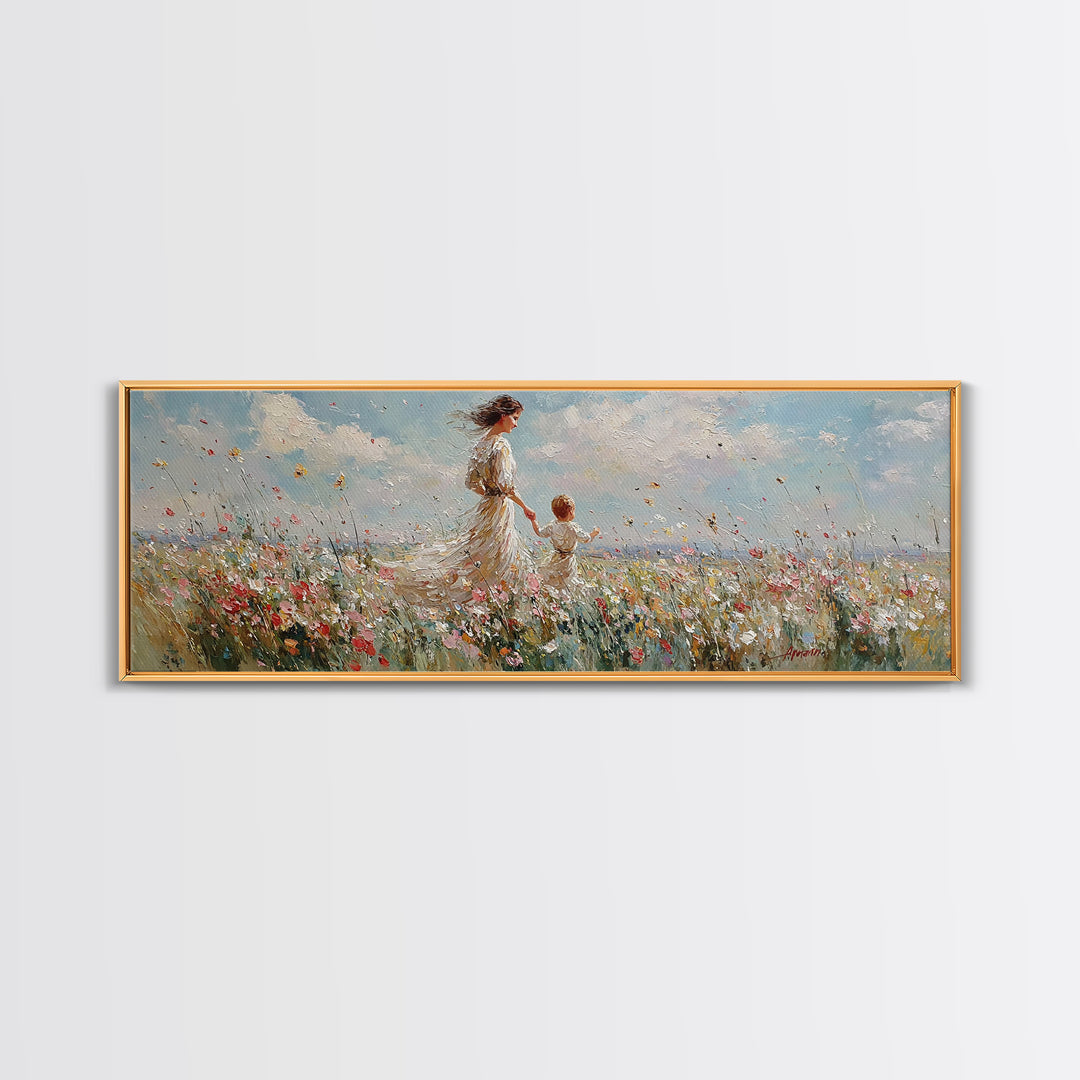 Mother And Child Walking Through Wildflowers Wall Art, Impressionist Meadow Canvas Print, Nursery Decor Gift For Mom And Her