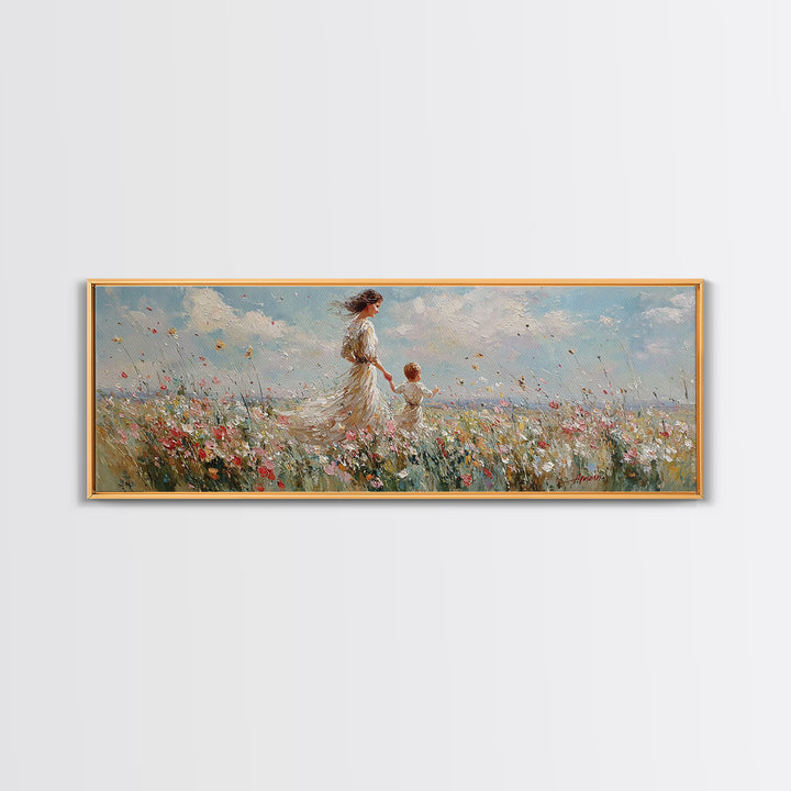 Mother And Child Walking Through Wildflowers Wall Art, Impressionist Meadow Canvas Print, Nursery Decor Gift For Mom And Her