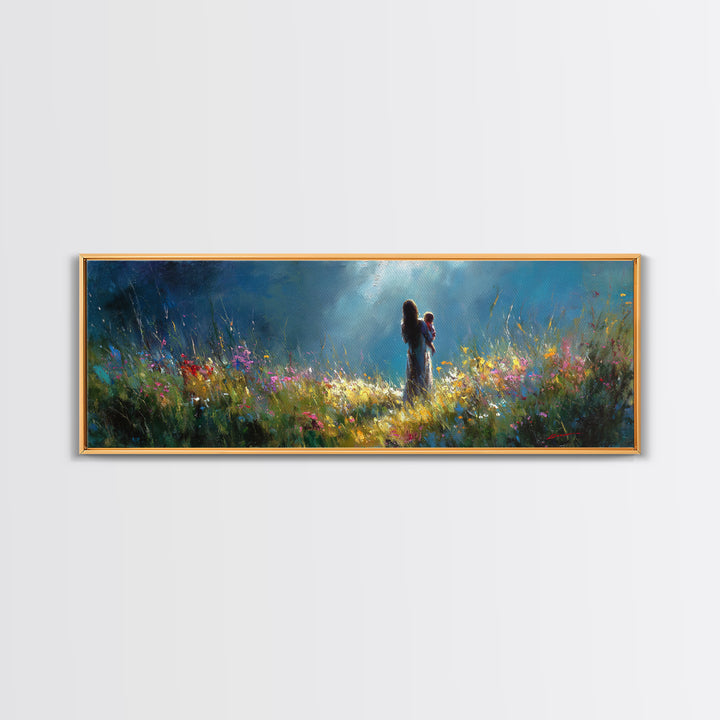Moonlit Mother Holding Baby In Wildflower Meadow Wall Art, Impressionist Canvas Print, Nursery Decor Gift For Mom And Her