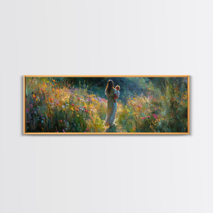Mother And Baby In Sunlit Wildflower Path Wall Art, Impressionist Landscape Canvas Print, Nursery Decor Gift For Mom And Her