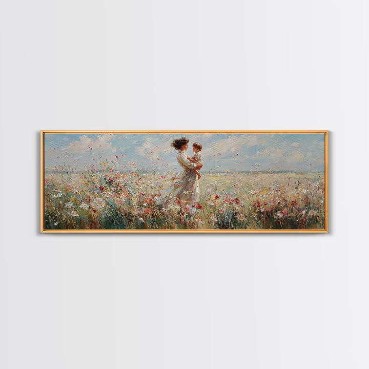 Mother Embracing Child In Breezy Wildflower Field Wall Art, Impressionist Canvas Print, Feminine Nursery Decor Gift For Mom