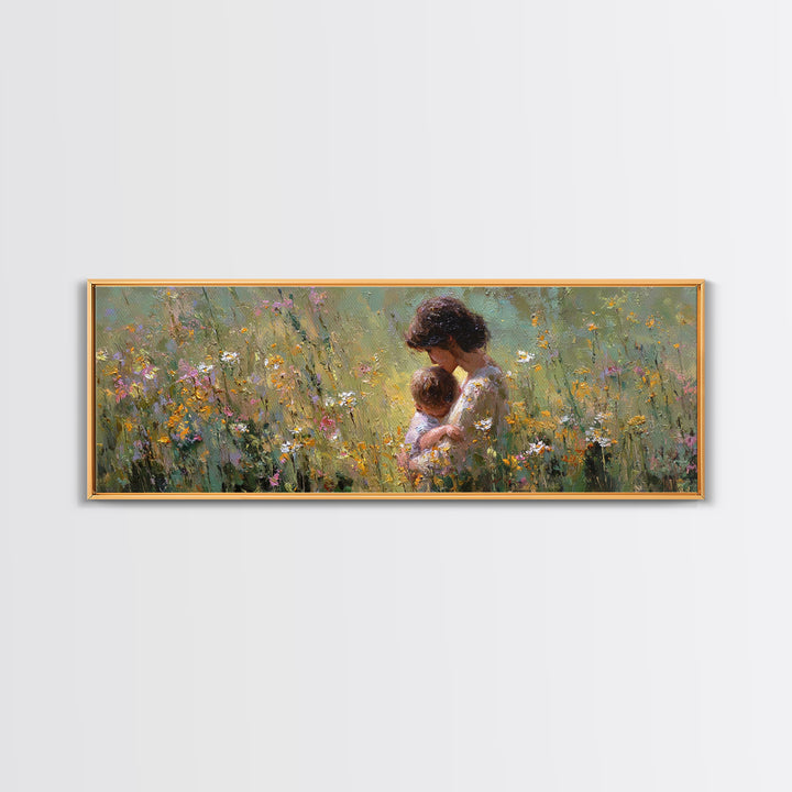 Mother Snuggling Baby In Golden Wildflower Meadow Wall Art, Impressionist Canvas Print, Feminine Nursery Decor Gift For Mom