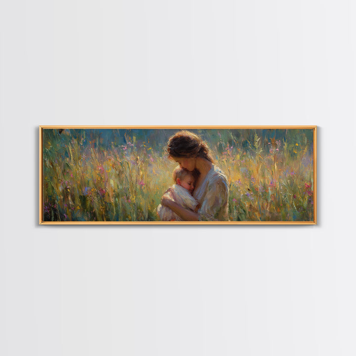 Mother And Sleeping Baby In Glowing Meadow Wall Art, Impressionist Framed Canvas Print, Nursery Decor Gift For Mom And Her