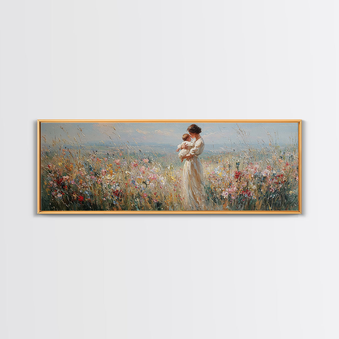 Mother And Baby In Wildflower Meadow Wall Art, Panoramic Canvas Print For Nursery Decor, Feminine Bedroom, Gift For Mom Art