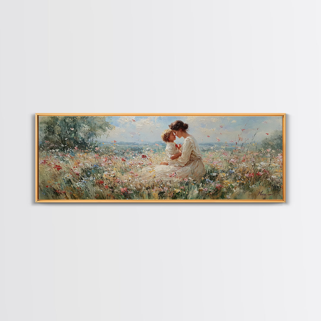 Mother Kissing Child In Butterfly Meadow Wall Art, Panoramic Framed Canvas Print, Floral Nursery Decor, New Mom Gift For Her