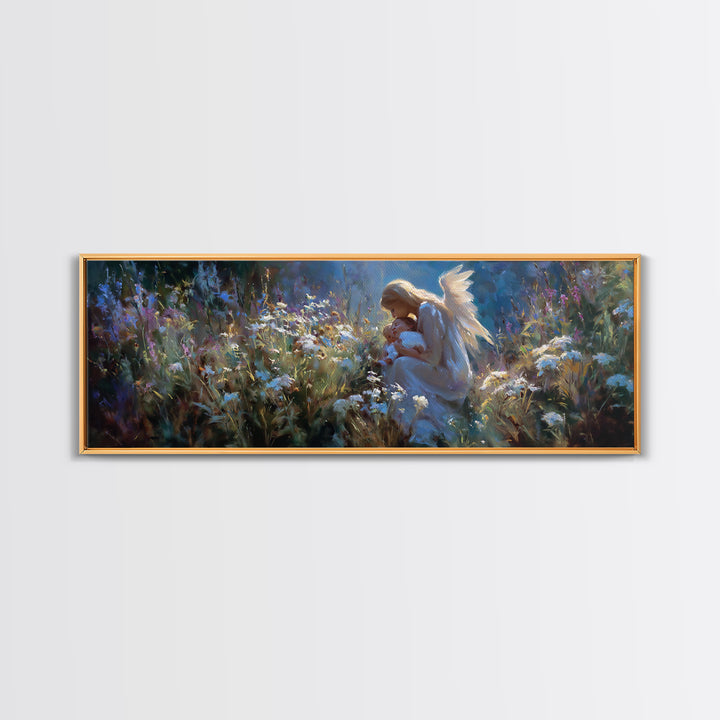 Angel Mother Holding Baby In Moonlit Flowers Wall Art, Spiritual Framed Canvas Print, Celestial Nursery Decor, Baptism Gift