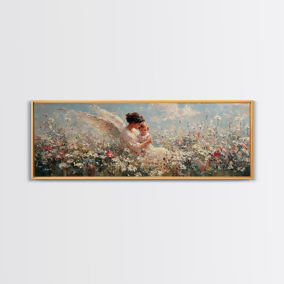 Angel Mother With Toddler In Daisy Meadow Wall Art, Panoramic Framed Canvas Print, Celestial Nursery Decor, Gift For Mom