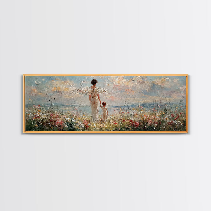 Angel Mother And Child Beside Ocean Meadow Large Wall Art, Coastal Christian Decor, Nursery Canvas Art, Housewarming Gift
