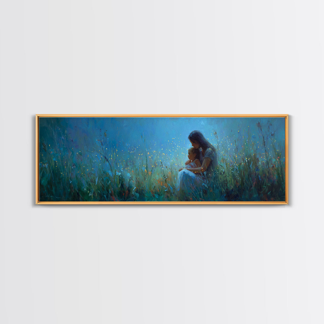 Moonlit Mother And Child Sitting In Blue Meadow Framed Canvas Print, Celestial Wall Art, Nursery Decor, Gift For Mom, Home Decor