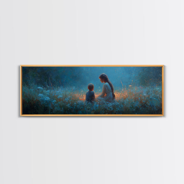 Blue Twilight Mother And Child In Wildflower Meadow Large Wall Art, Serene Nursery Decor, Christian Gift For Mom, Home Decor