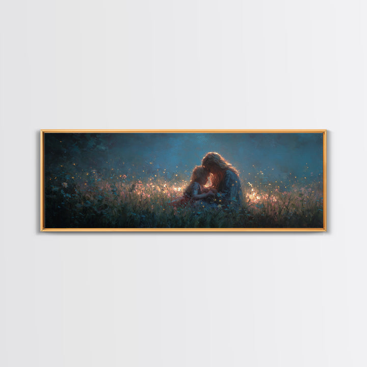 Twilight Mother And Child Wildflower Meadow Wall Art, Panoramic Canvas Print, Nursery Decor, Gift For Her, Above Bed Art