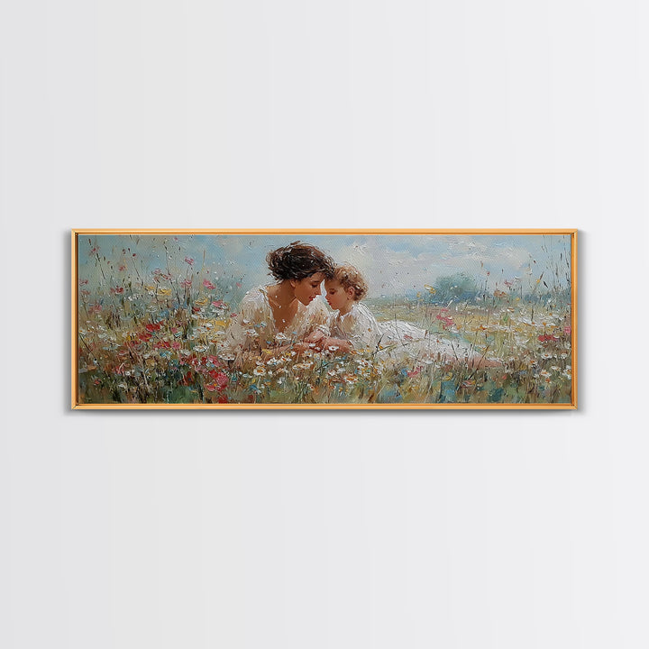 Mother And Baby In Blooming Garden Framed Canvas Print, Floral Wall Art, Nursery Decor, Gift For Mom, Living Room Wall Art