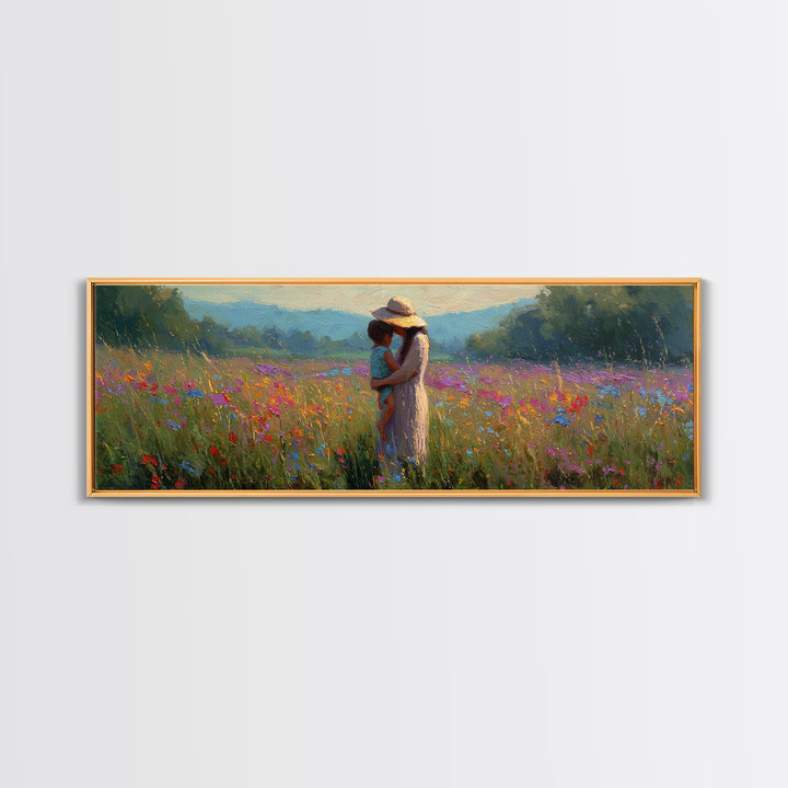 Mother And Child Embracing In Summer Meadow Wall Art, Colorful Canvas Print, Boho Wall Decor, Housewarming Gift, Bedroom Art