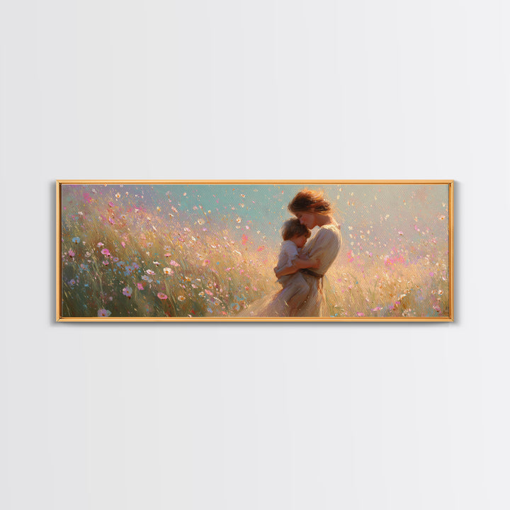 Golden Mother And Child In Pastel Wildflowers Canvas Print, Romantic Wall Art, Feminine Decor, Gift For Her, Above Bed Art