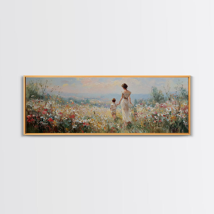 Mother And Child Walking Through Wildflower Meadow Wall Art, Panoramic Canvas Print, Coastal Decor, Nursery Art, Gift For Mom
