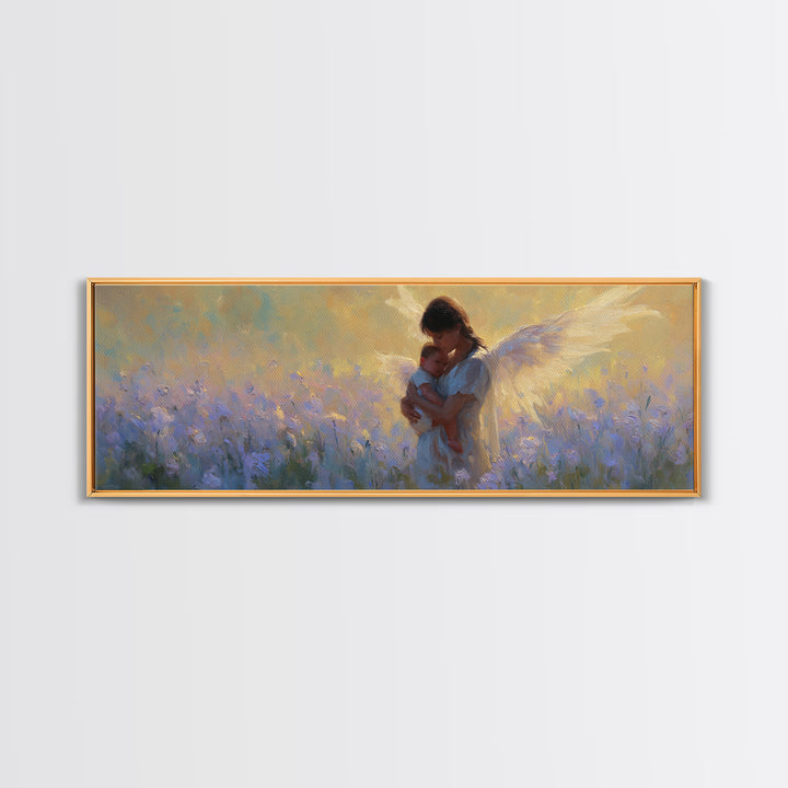 Guardian Angel Mother And Baby In Lavender Field Framed Canvas Print, Christian Wall Art, Nursery Decor, Gift For Mom, Home Decor
