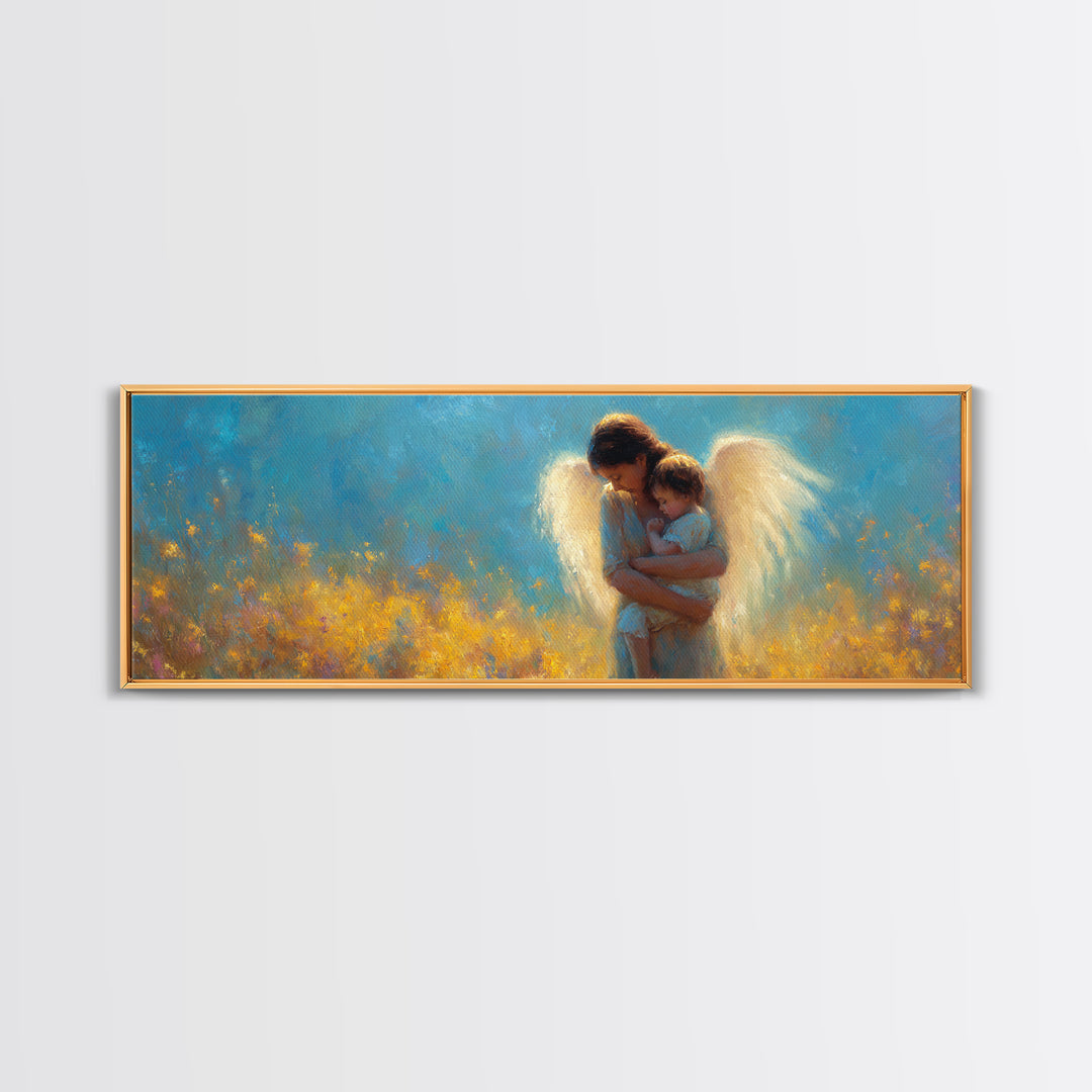 Golden Guardian Angel With Child Canvas Print, Blue Sky Wildflower Wall Art, Christian Nursery Decor, Spiritual Gift For Mom
