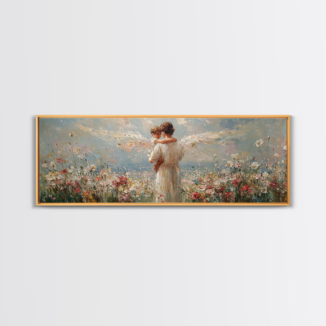 Angel Mother Embracing Child In Flower Garden Wall Art, Textured Oil Painting Framed Canvas Print, Christian Home Decor Gift