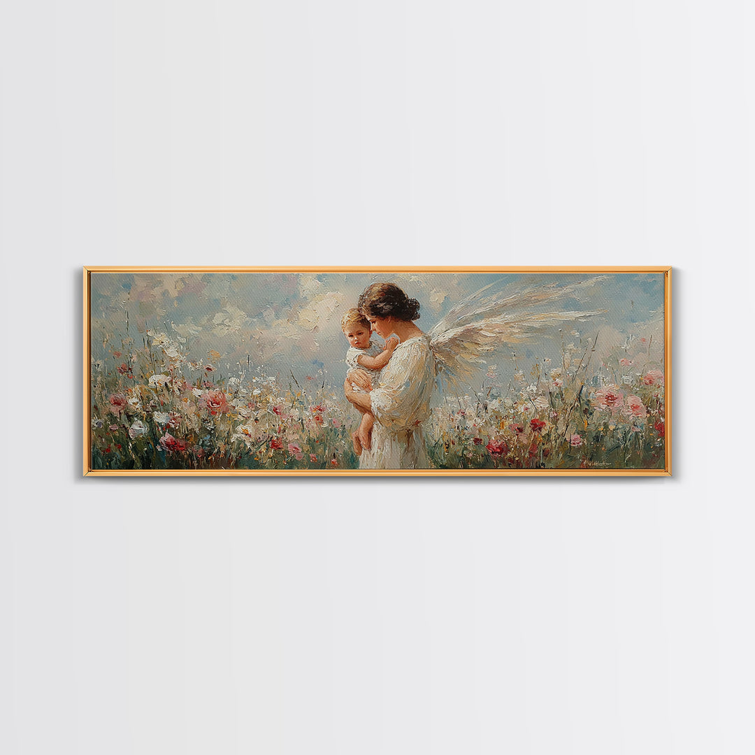 Angel Mother Holding Baby In Floral Meadow Canvas Print, Christian Wall Art, Guardian Angel Nursery Decor, Gift For Mom And Baby Shower Gift