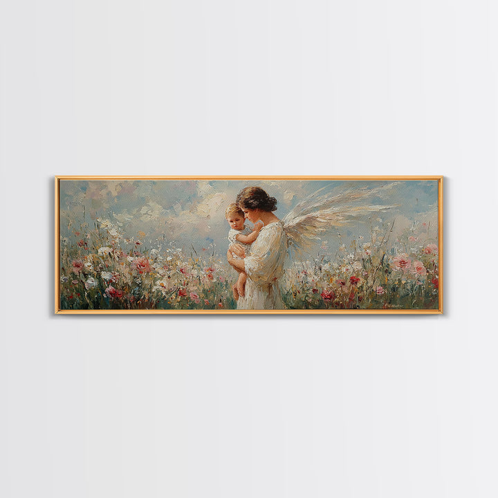 Angel Mother Holding Baby In Floral Meadow Canvas Print, Christian Wall Art, Guardian Angel Nursery Decor, Gift For Mom And Baby Shower Gift