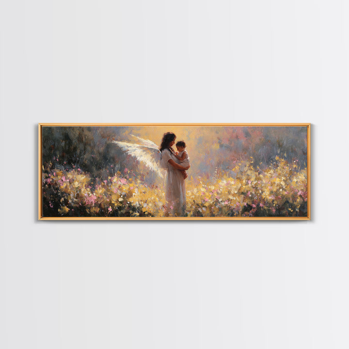 Glowing Angel Mother And Child In Flower Field Wall Art, Impressionist Framed Canvas Print, Christian Nursery Decor Gift