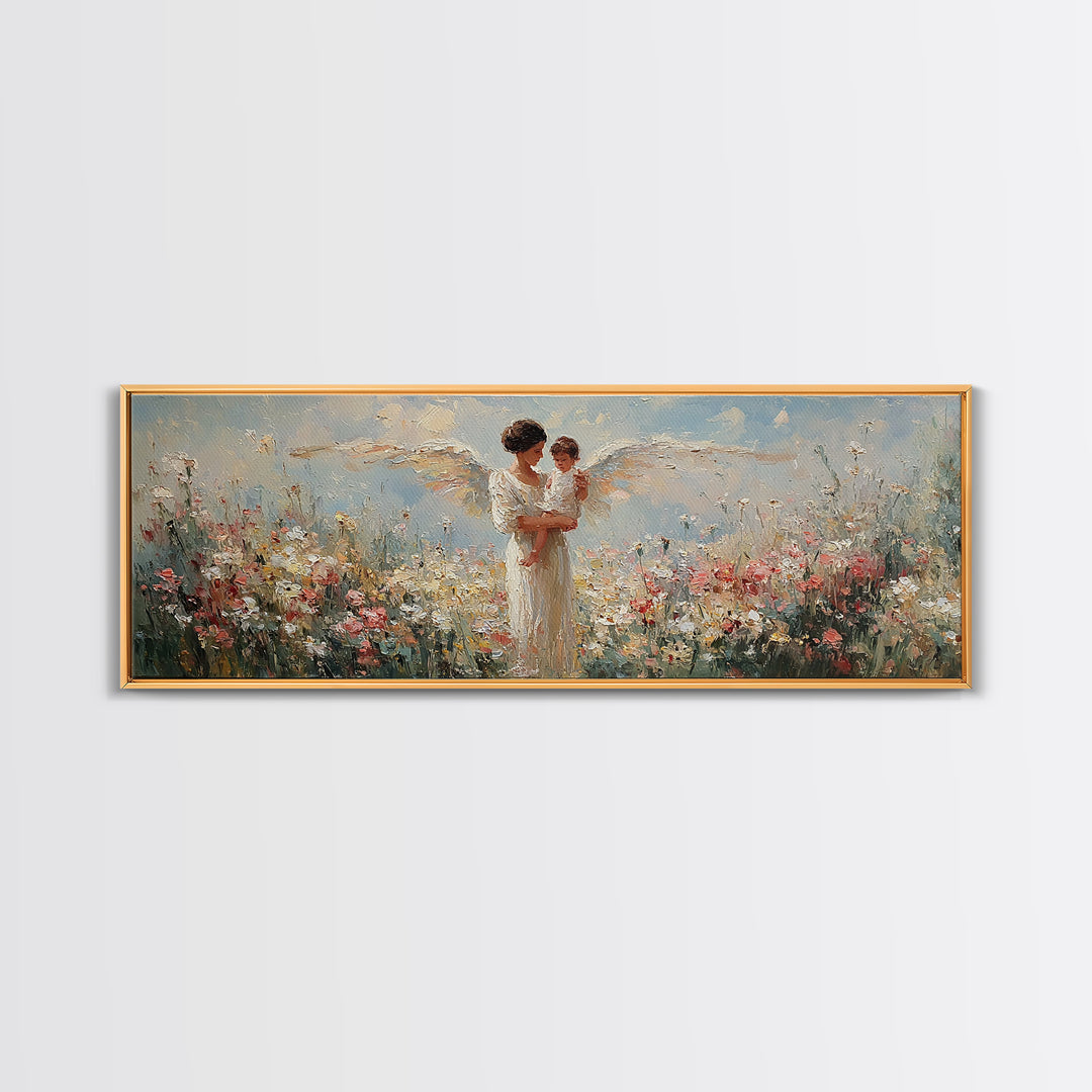 Angel Mother And Child Among White Flowers Framed Canvas Print, Christian Wall Art, Guardian Angel Nursery Decor, Gift For Mom