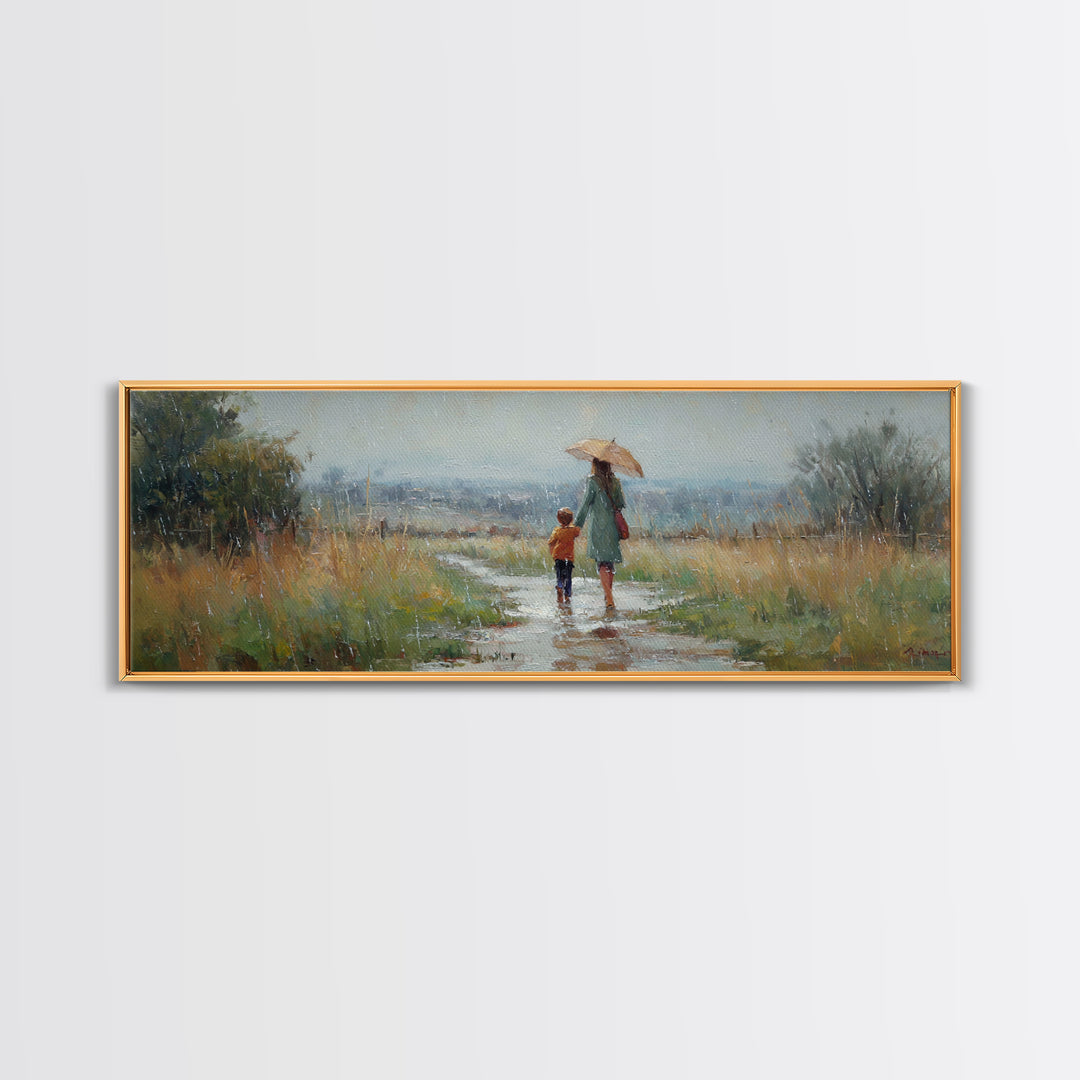 Mother And Child Walking In Rain Wall Art, Umbrella Country Path Landscape Canvas Print, Rustic Farmhouse Home Decor Gift