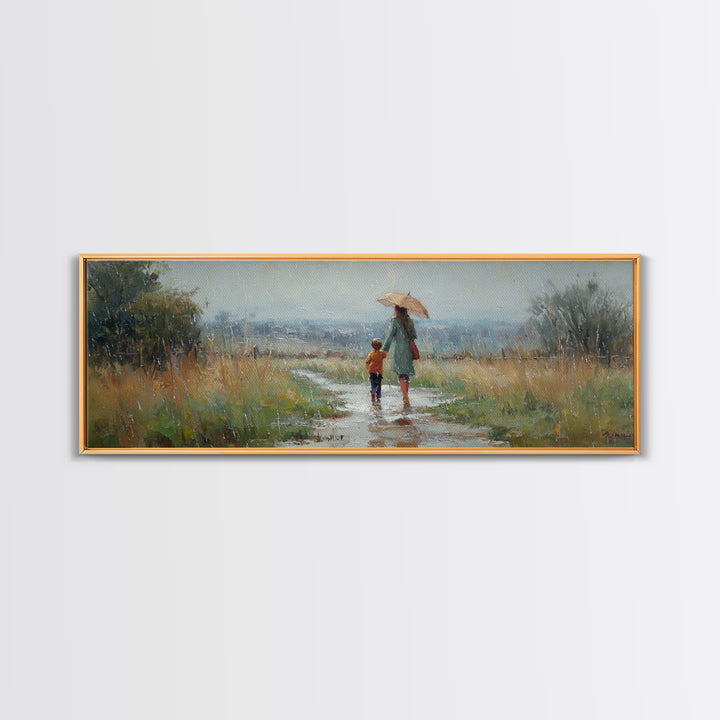 Mother And Child Walking In Rain Wall Art, Umbrella Country Path Landscape Canvas Print, Rustic Farmhouse Home Decor Gift