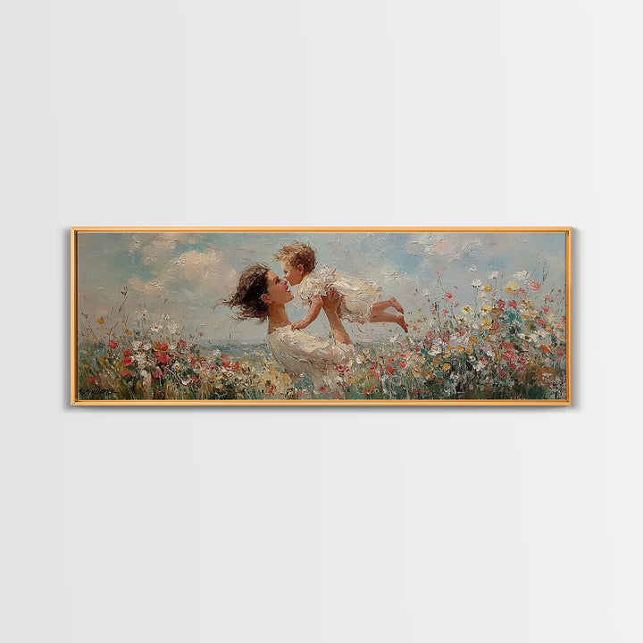 Mother And Baby In Wildflower Meadow Framed Canvas Print, Impressionist Nursery Wall Art, Gift For Mom, Bedroom Wall Decor