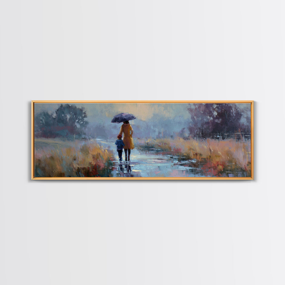 Mother And Child Walking In Rain With Blue Umbrella Framed Canvas Print, Moody Landscape Wall Art, Office Decor, Housewarming Gift