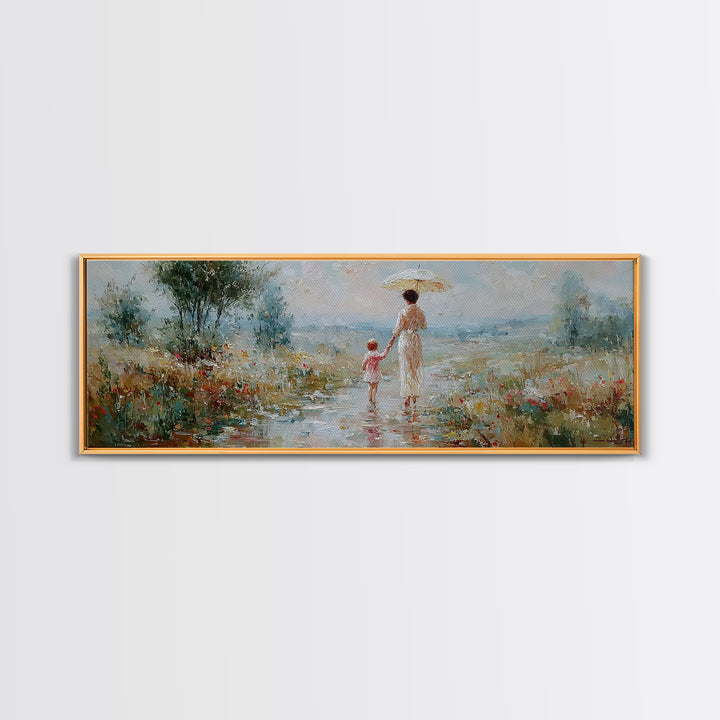 Mother And Child Strolling With Parasol In Misty Meadow Canvas Print, Impressionist Wall Art, Nursery Decor, Housewarming Gift
