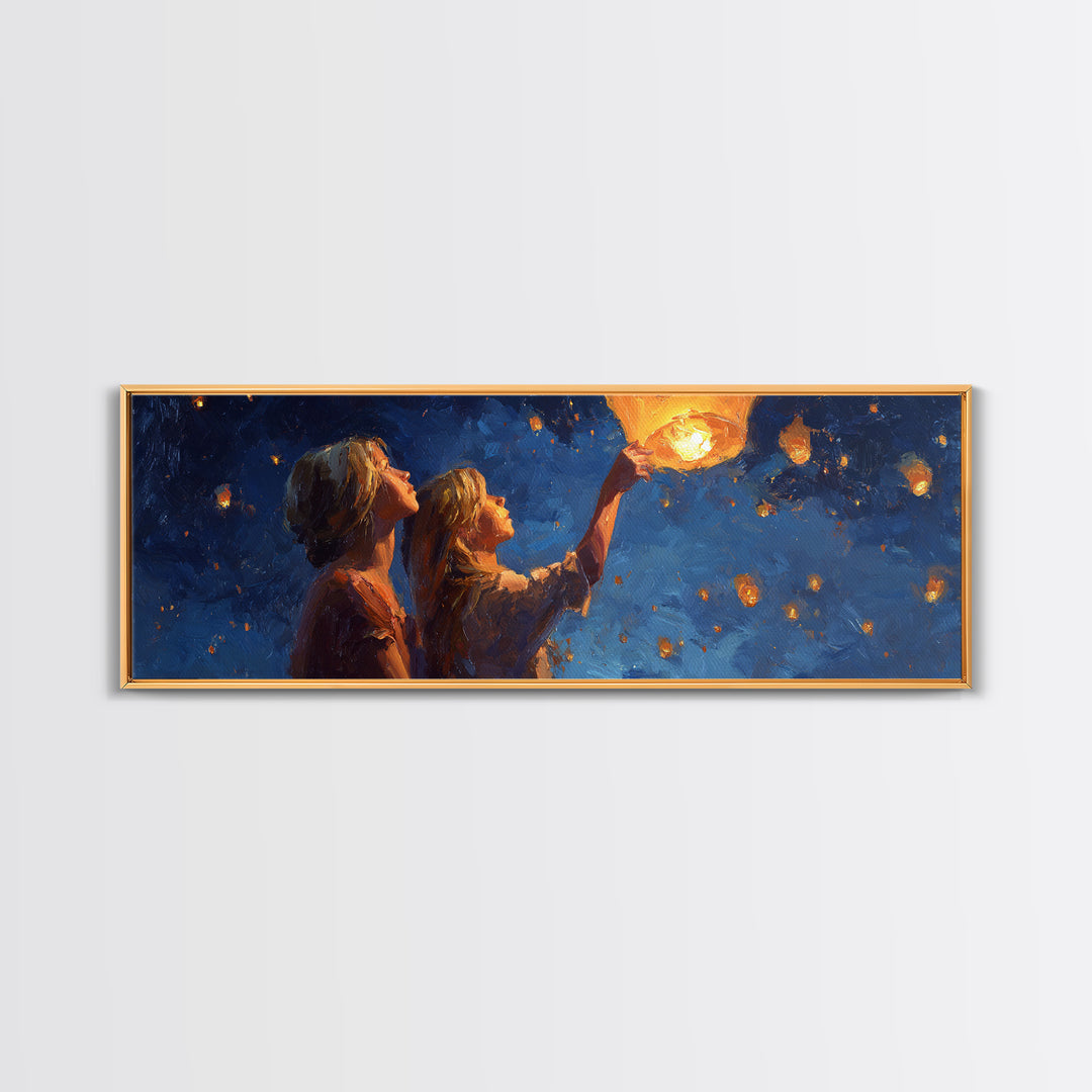 Girls Releasing Lanterns At Starry Night Canvas Print, Celestial Wall Art, Whimsical Decor, Bedroom Decor, Gift For Her, Home Decor