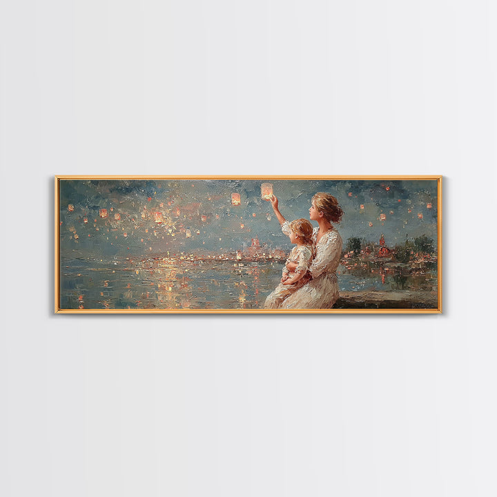 Mother And Baby Lantern Festival Framed Canvas Print, Coastal Wall Art, Romantic Decor, Nursery Art, Housewarming Gift For Her