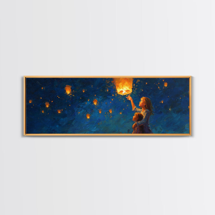 Children Lifting Glowing Sky Lantern Canvas Print, Celestial Wall Art, Kids Room Decor, Whimsical Decor, Nursery Art, Gift For Kids