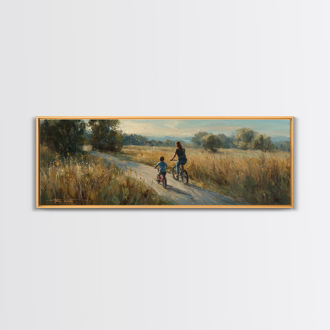 Mother And Child Biking Golden Meadow Canvas Print, Country Landscape Wall Decor, Housewarming Gift, Farmhouse Home Decor